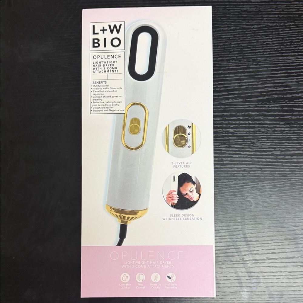 L+W BIO Opulence Lightweight Hair Dryer With 3 Comb Attachments- White & Gold